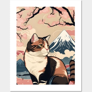 Cat Cherry Blossom Mount Fuji in a Vintage Japanese Art Style Posters and Art